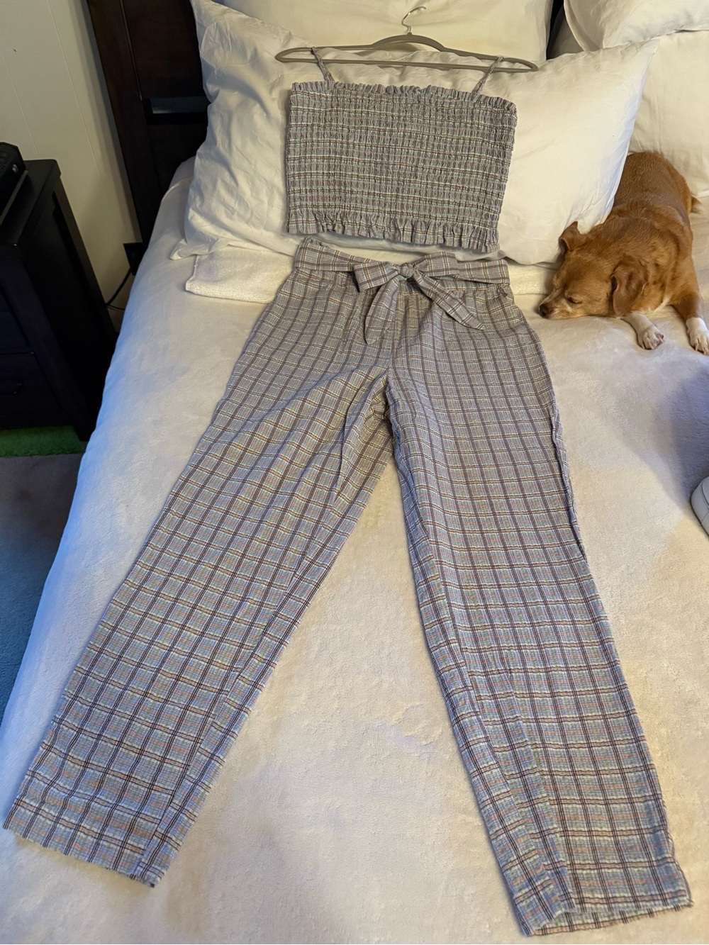 BCBGeneration Light Blue Plaid Smocked Tube Top with Tie-Waist Trousers